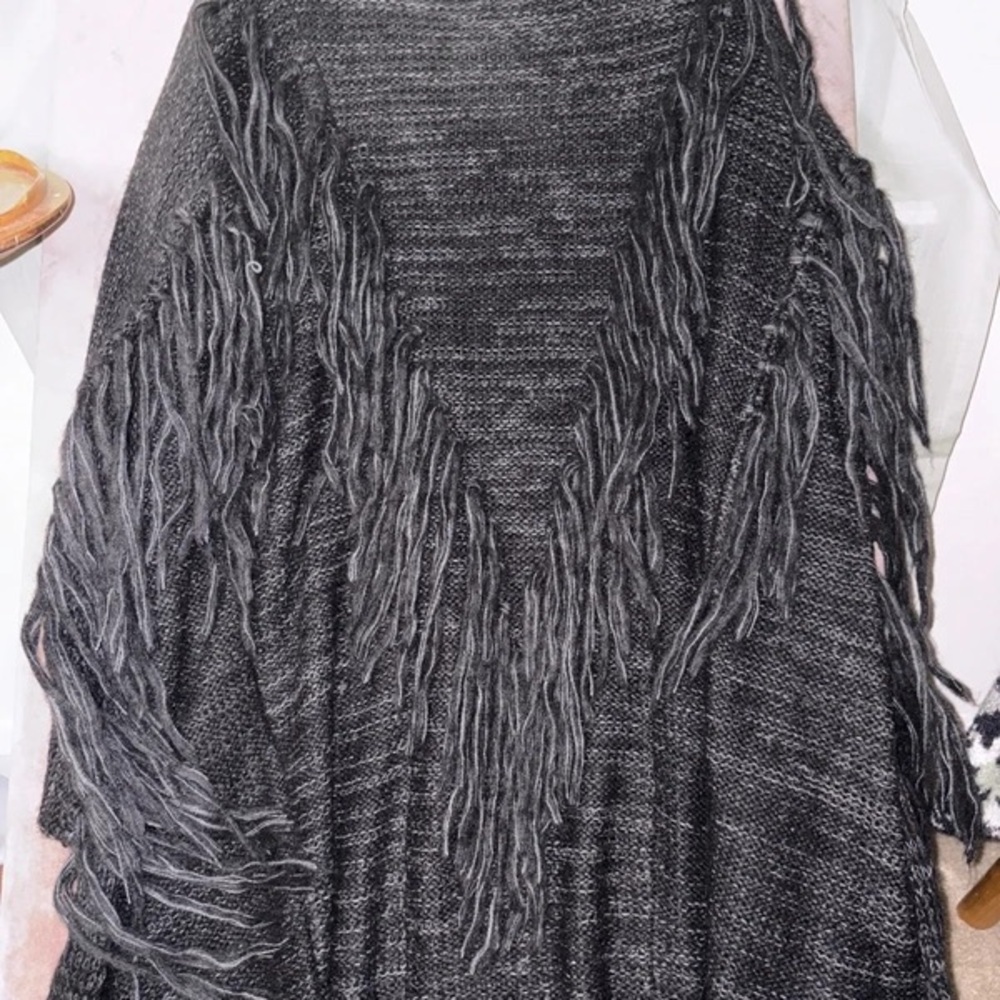 Copper Key Charcoal Fringe Open-Front Knit Cardigan - Picture 4 of 4